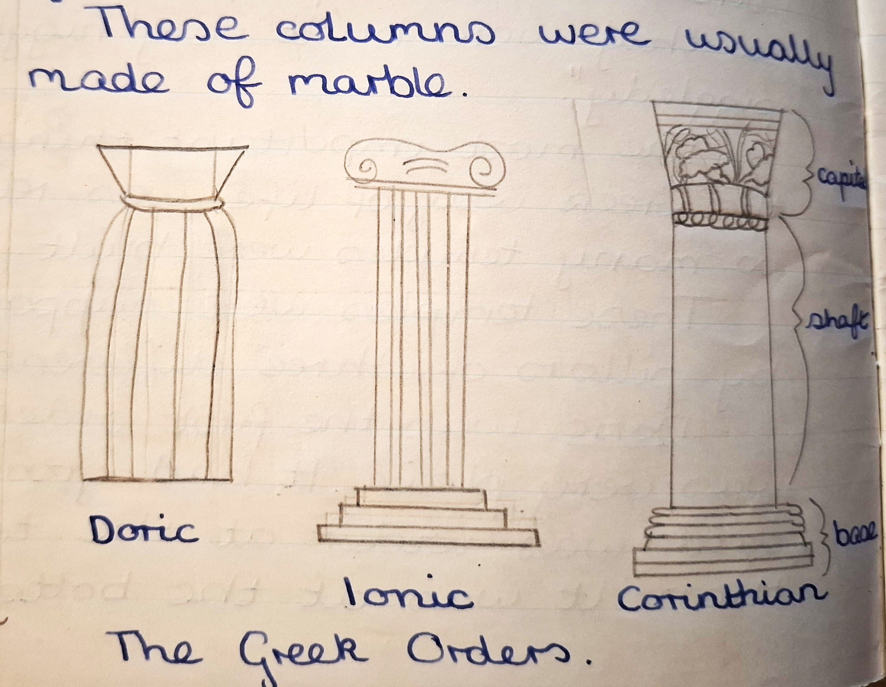 drawing of three types of Greek column from my old history exercise book