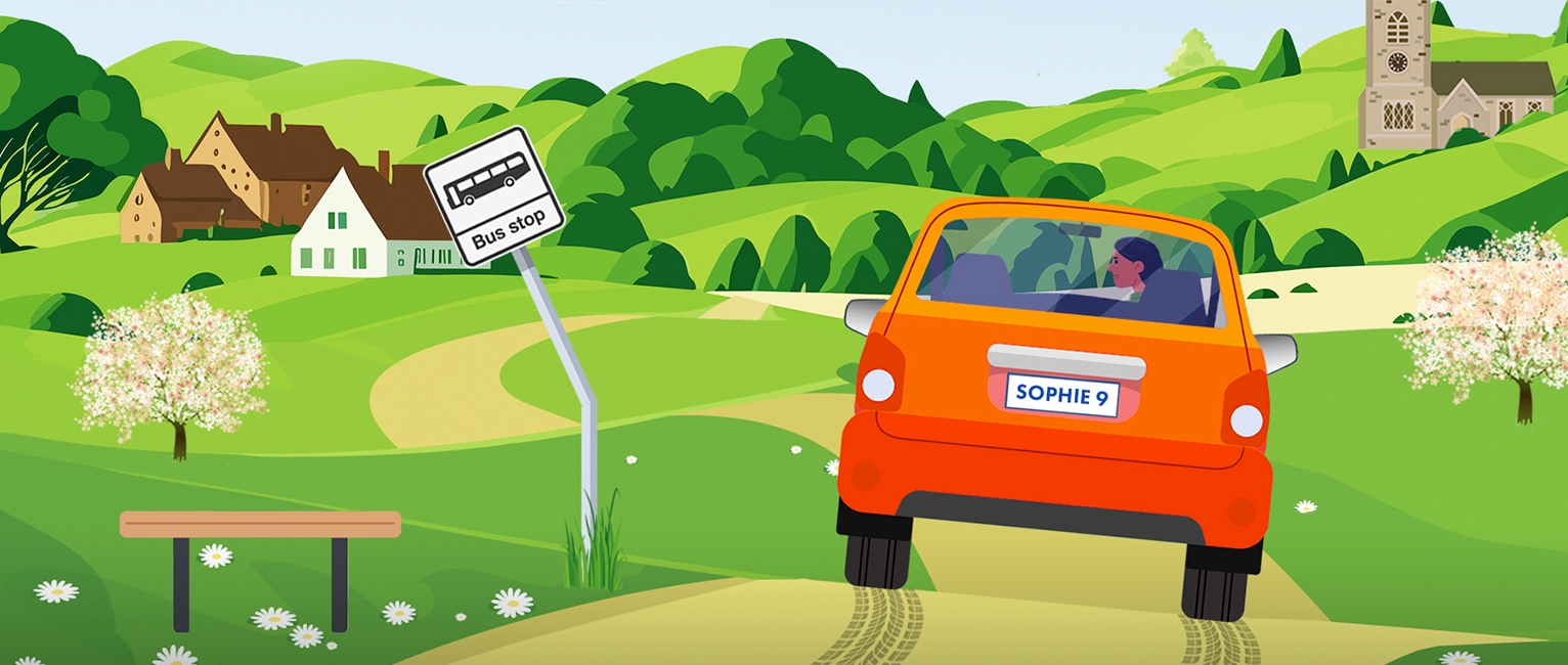 horizontal slice of cover of Driven to Murder, showing Sophie careering across the road by a bent bus-stop sign