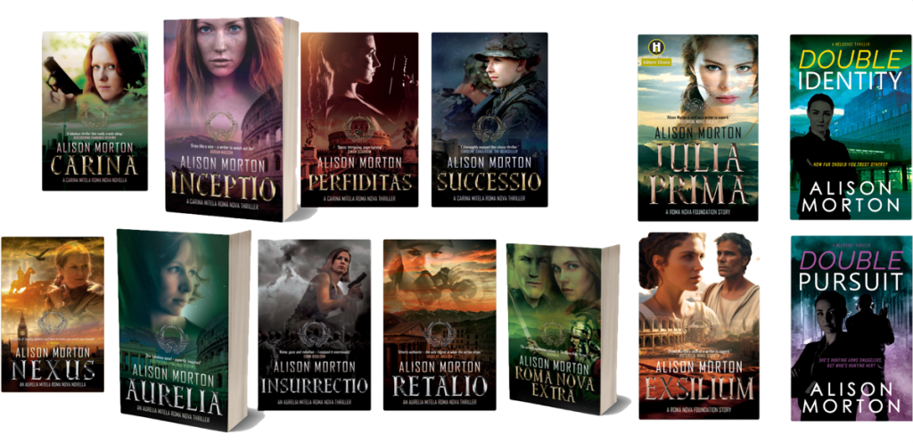 array of covers of the complete works of Alison Morton