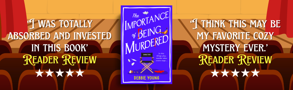 front cover of The Importance of Being Murdered against a stage backdrop, surrounded by reviews