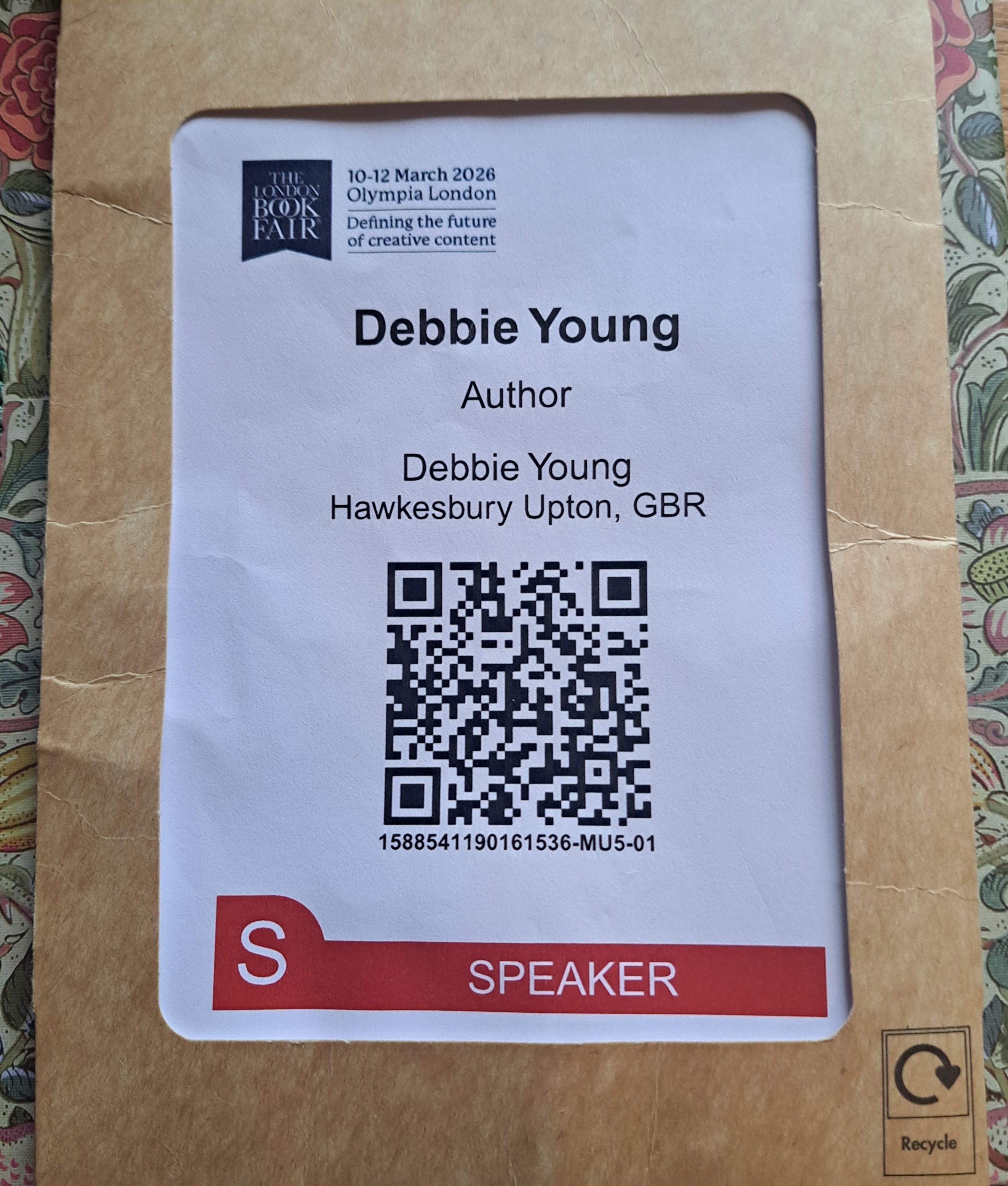 photo of Debbie Young's speaker badge for London Book Fair
